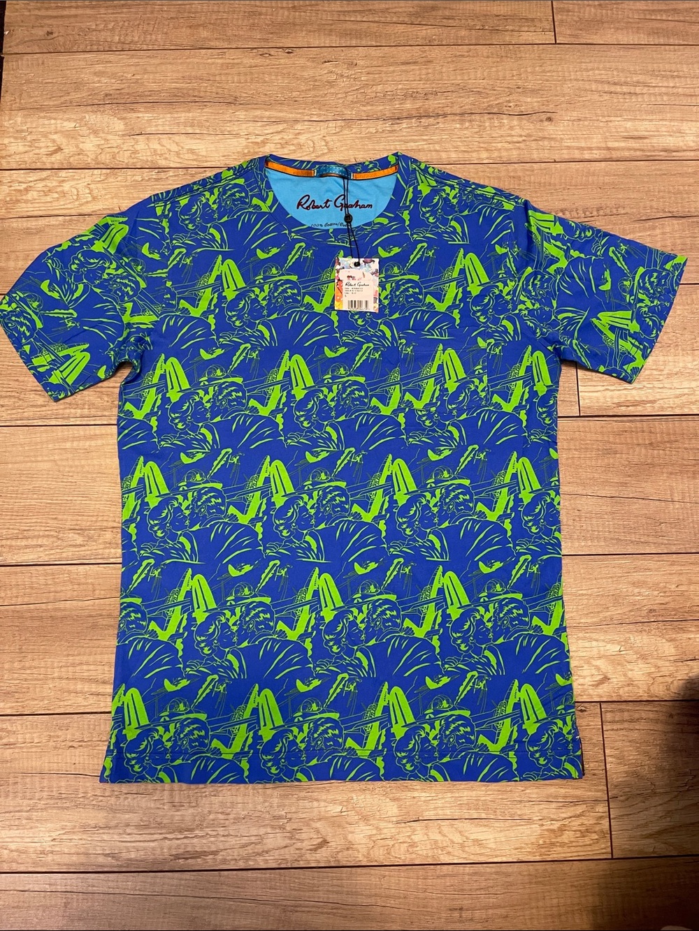 Robert Graham Blue & Neon Green Graphic Short Sleeve Tee